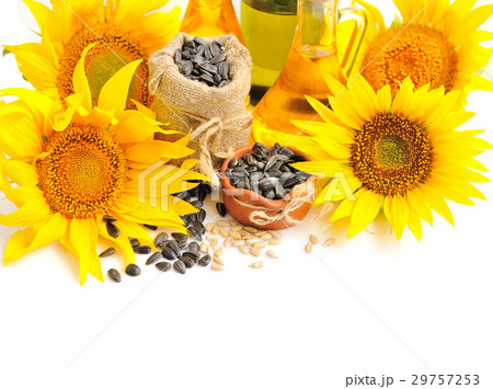 Yellow sunflowers with bottles of oil Yellow sunflowers with bottles of oil 29757253