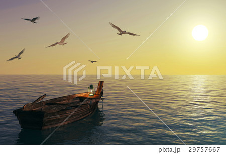 Fishing boat floating over calm sea and sunset sky Fishing boat floating over calm sea and sunset sky 29757667