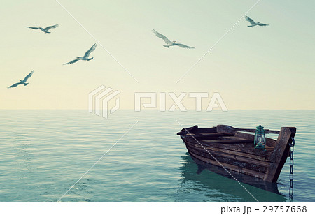 Wooden fishing boat floating over calm blue sea 29757668