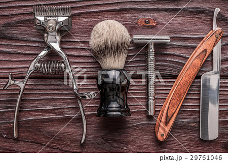 Vintage barber shop tools on wooden background 29761046