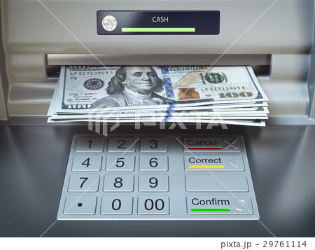ATM machine and money. Withdrawing dollars 29761114