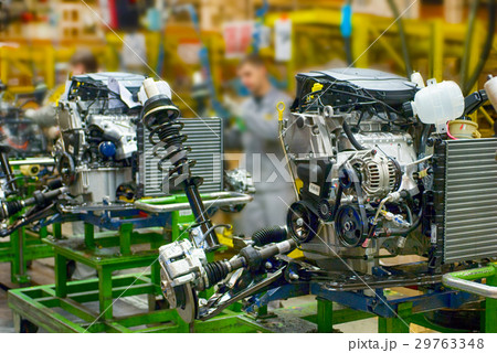 New manufactured engines on assembly line in a New manufactured engines on assembly line in a 29763348