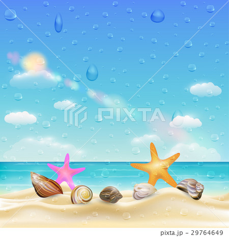 Shell And Starfish On A Sand Beach With Water Dropのイラスト素材