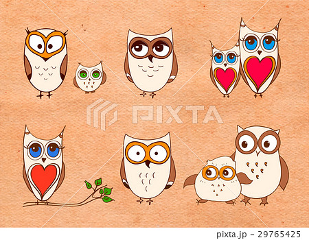 Set Of Cute Owls Vector Cartoon Birds のイラスト素材