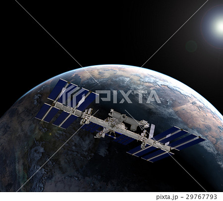 地球とISS (宇宙ステーション）３DCG　perming3DCGmp160819　イラスト素材 29767793