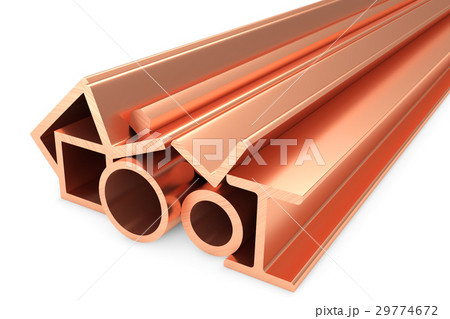 Shiny rolled copper metal products on white 29774672