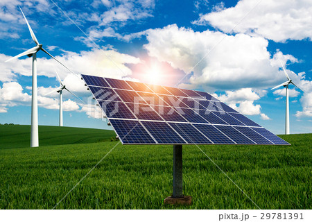 Photo collage of solar panels and wind turbins Photo collage of solar panels and wind turbins 29781391