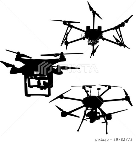 Black Set Silhouette Drone Quadrocopter On Whiteのイラスト素材
