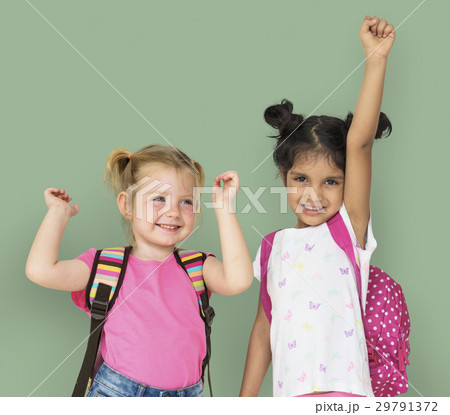 Little Girls Hands Up Cheerful Happy 29791372