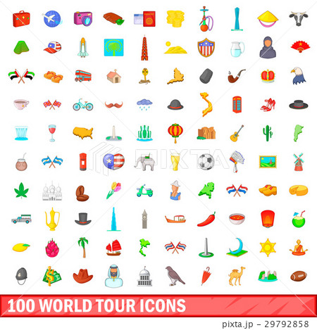 100 world tour icons set, cartoon style 29792858