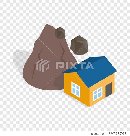 Rockfall destroys house isometric icon 29793743