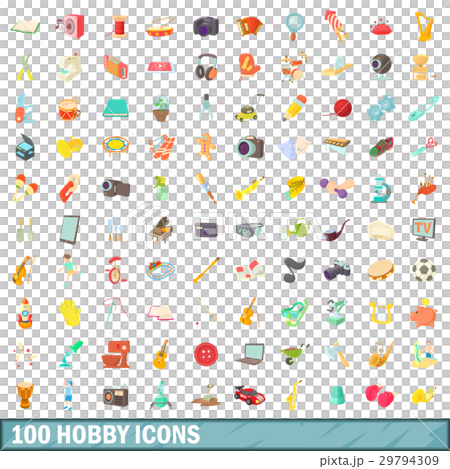 100 hobby icons set, cartoon style 29794309