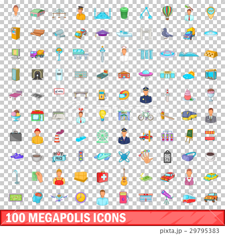 100 megapolis icons set, cartoon style 29795383