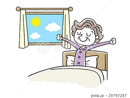 朝を気持ちよく起きるシニア女性のイラスト素材