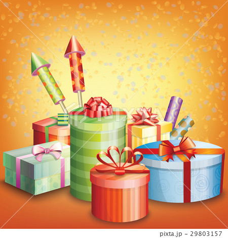 Composition of gift boxes, fireworks and confetti Composition of gift boxes, fireworks and confetti 29803157