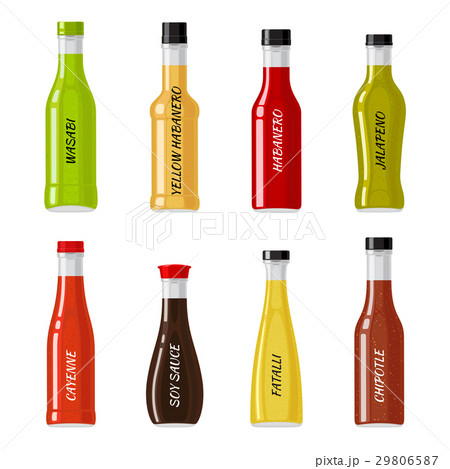 Set of Glass Bottles Full of Hot Sauces Vectors 29806587