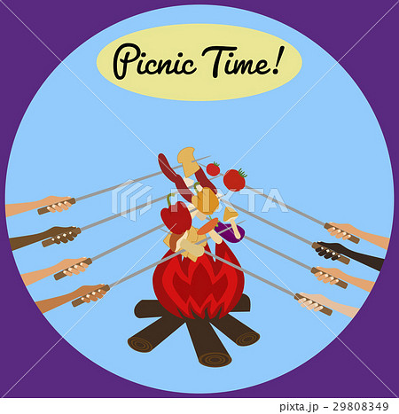 Picnic poster with human hands around campfire Picnic poster with human hands around campfire 29808349
