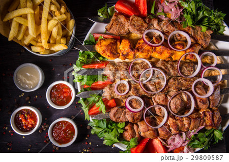 Allsorts of pork shish kebabs, veal, mutton, chick Allsorts of pork shish kebabs, veal, mutton, chick 29809587