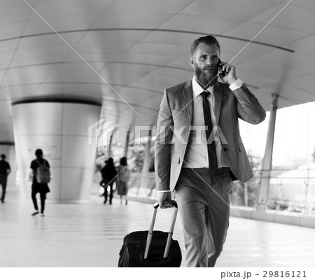 Businessmen Walk Call Phone Luggage Business Trip 29816121