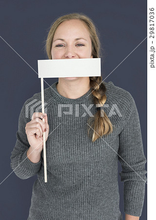 Caucasian Woman Holding Flag Covering Mouth 29817036