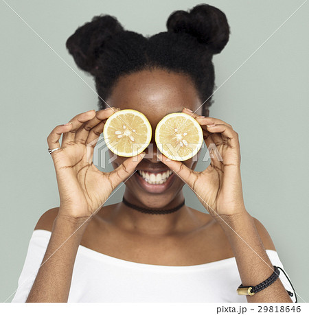 Woman Smiling Happiness Cover Eye Playful Lemon Portrait Woman Smiling Happiness Cover Eye Playful Lemon Portrait 29818646
