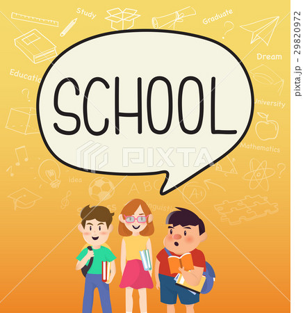 Girls and boys pupils with school on speakbubble. Girls and boys pupils with school on speakbubble. 29820972