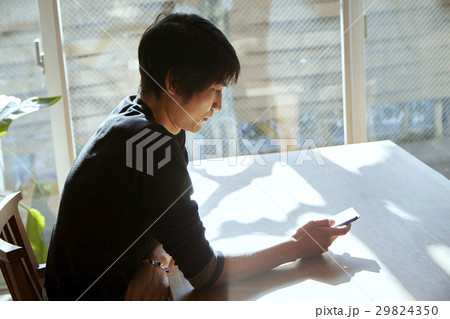 スマホと男性。日当たりの良い部屋でくつろぐシーン。 29824350