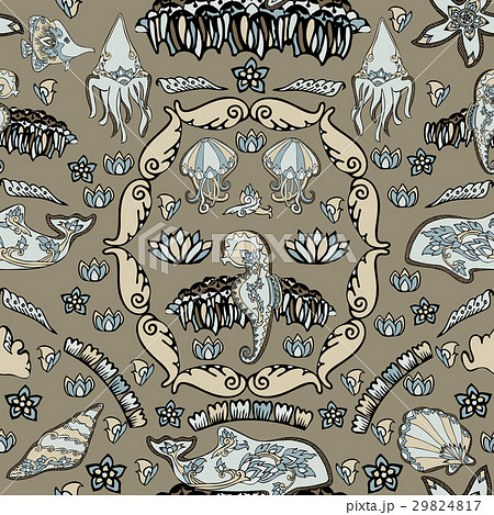 Seamless pattern with seashells, corals and fishes 29824817