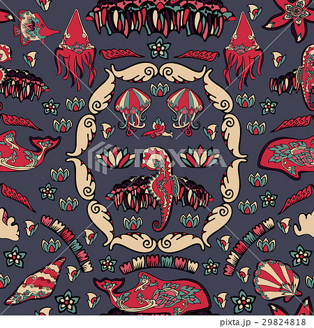 Seamless pattern with seashells, corals and fishes 29824818