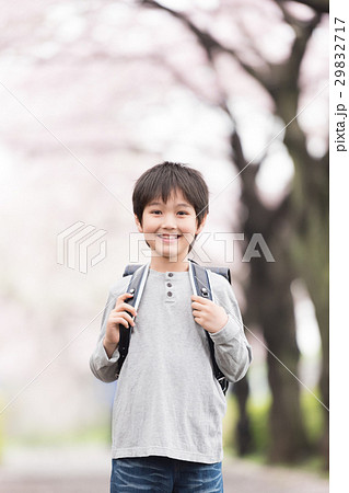 桜 小学生 入学式 私服の写真素材