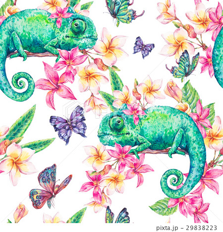 Watercolor Seamless Pattern With Green Chameleonのイラスト素材 2923