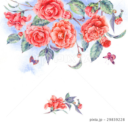 Vintage watercolor garden flowers with red 29839228