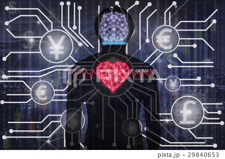 Silhouette of human body with technology line and dot of polygonal shape brain and heart over Abstract photo of FINTECH connection on dark blur background, Science healthy and physician concept 29840653