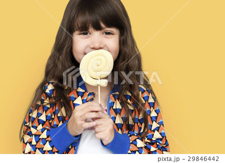 Little Girl Smiling Happiness Studio Portrait Sweet Lollipop 29846442