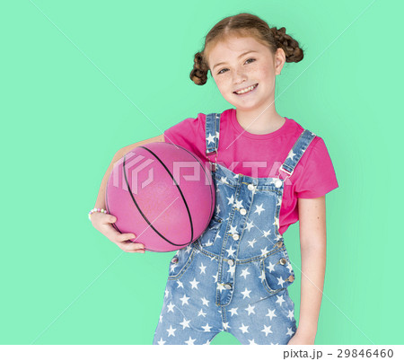 Little Girl Smiling Happiness Basketball Sport Portrait Little Girl Smiling Happiness Basketball Sport Portrait 29846460
