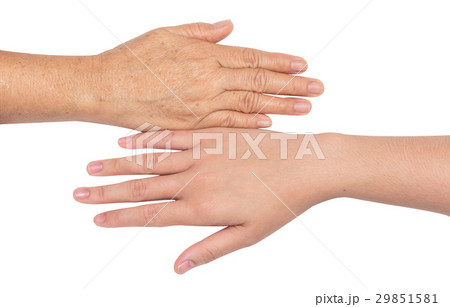 Teenage hand and elderly  hand isolate on white 29851581
