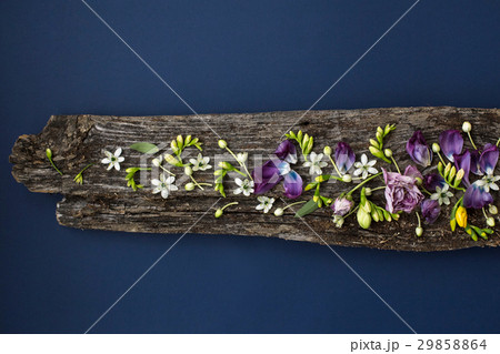 Floral ornament of lowers on rotten wooden plank 29858864
