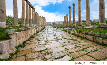 wet Cardo Maximus street in Jerash (Gerasa) town wet Cardo Maximus street in Jerash (Gerasa) town 29863954