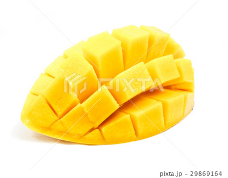 mango slice cut to cubes close up isolated 29869164