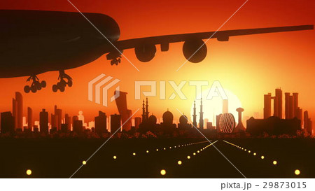 Abu Dhabi Airplane Landing Skyline Golden Abu Dhabi Airplane Landing Skyline Golden 29873015
