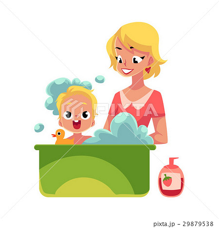 Young mother washing her baby in bathtub full of Young mother washing her baby in bathtub full of 29879538