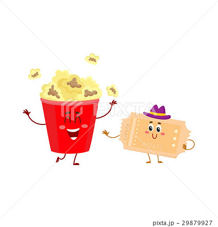 Cinema popcorn and vintage movie ticket characters 29879927