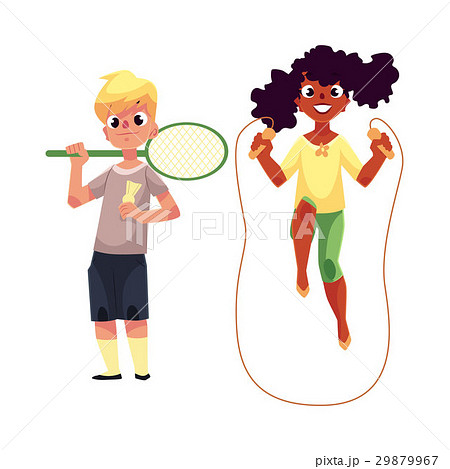 Boy and girl with jumping rope, badminton racket 29879967