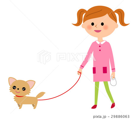 犬の散歩をする女の子のイラスト素材