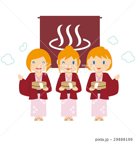 かわいい金髪外国人 女性3人 温泉旅行のイラスト素材
