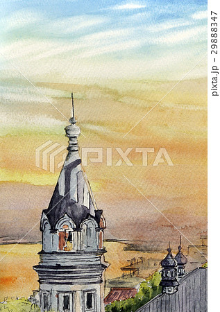聖ロシア教会と函館港の夕景を描いたスケッチ画 29888347