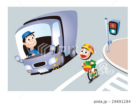 自転車の交通安全 自転車と交通安全 トラックの左折と子供自転車のイラスト素材