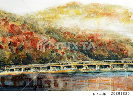 嵐山 秋の景色 スケッチ画のイラスト素材 2918