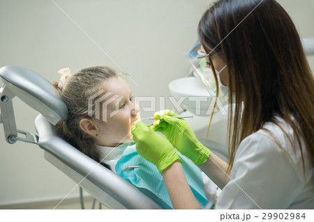 Female Dentist checking little girl patient Female Dentist checking little girl patient 29902984