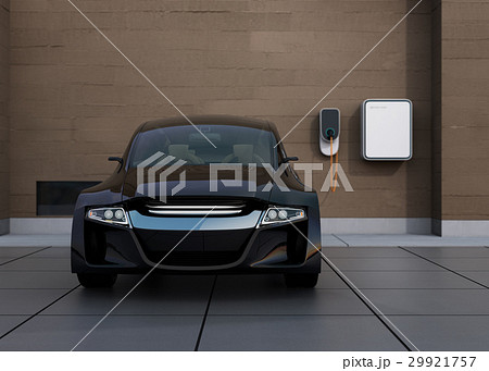 黒色の電気自動車、壁掛け式EV充電スタンドと蓄電池のイメージ。 29921757